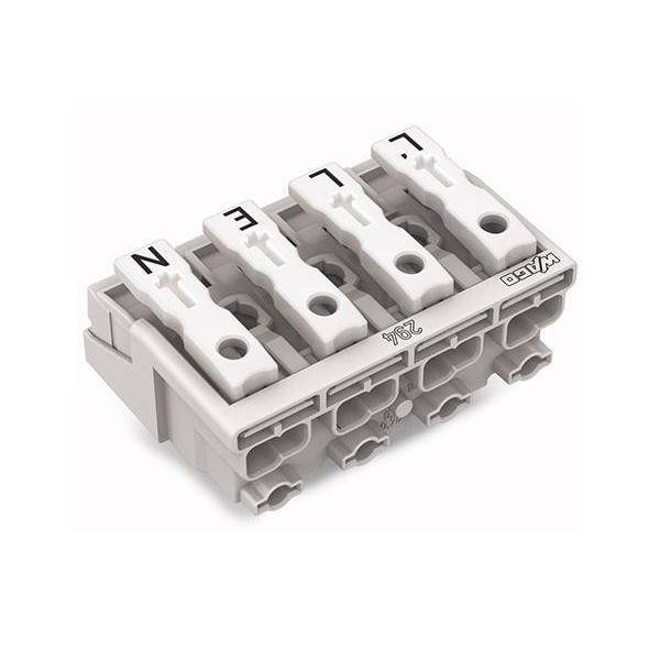 Ein vierpoliger Elektro-Anschlussblock, beschriftet mit 'L', 'N' und 'E' für Phasen-, Null- und Erdungsleiter, verwendet für sichere elektrische Verbindungen.