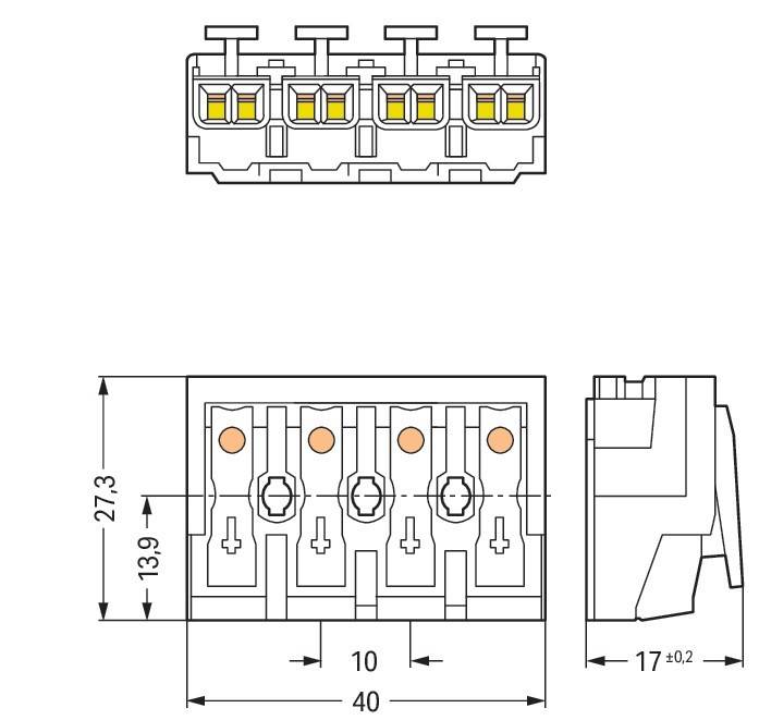 Eine technische Zeichnung eines elektrischen Anschlusses mit vier Steckplätzen. Abmessungen sind angegeben: Höhe 27,3 mm, Breite 40 mm, Tiefe 17 mm. Front- und Seitenansicht enthalten.