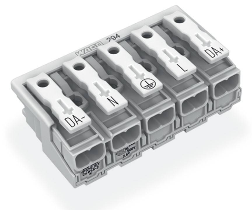 Ein WAGO 294 Klemmenblock mit beschrifteten Anschlüssen für DA-, N, Erdung, L und DA+. Geeignet für sichere elektrische Drahtverbindungen.