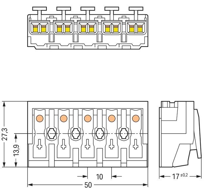 Technische Zeichnung eines sechspoligen elektrischen Steckverbinders, mit Vorder- und Seitenansicht, mit Abmessungen: Breite 50 mm, Höhe 17 mm, Tiefe 13,9 mm.