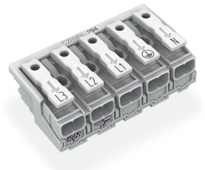 Ein fünfpoliger elektrischer Anschlussblock, von links nach rechts beschriftet mit: L3, L2, L1, Erdungssymbol und N, für Verdrahtungsanwendungen konzipiert.