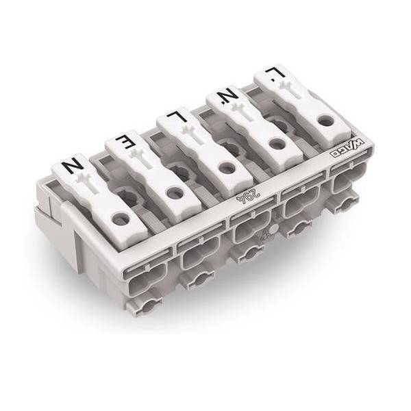 Ein 5-poliger WAGO-Verbinder, gekennzeichnet mit 'N', 'E', 'L', geeignet für elektrische Verdrahtung, farbcodiert für eine einfache Identifizierung von Null-, Erd- und Phasenleiter.