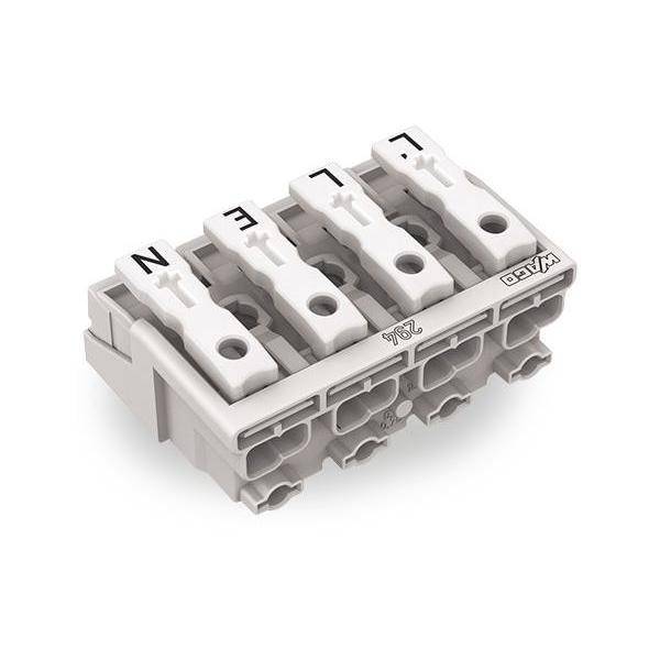 Ein weißer elektrischer Anschlussblock mit vier beschrifteten Anschlüssen: 'N', 'L', 'E', 'L'. Jeder Anschluss ermöglicht das Einführen von Kabeln und eine sichere Verbindung.