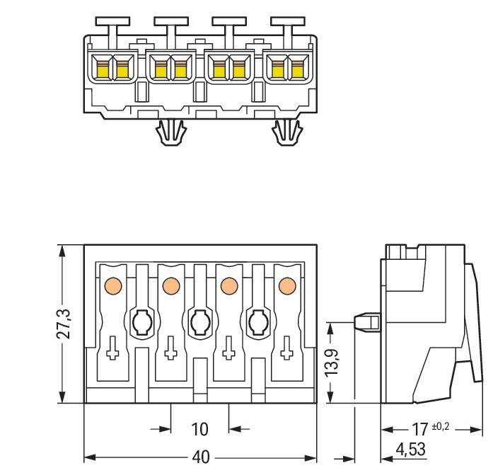 Technische Zeichnung eines Vier-Terminal-Elektroverbinders, mit Abmessungen: 27,3 mm Höhe, 40 mm Breite, 17,4 mm Tiefe. Zeigt Vorder- und Seitenansicht.