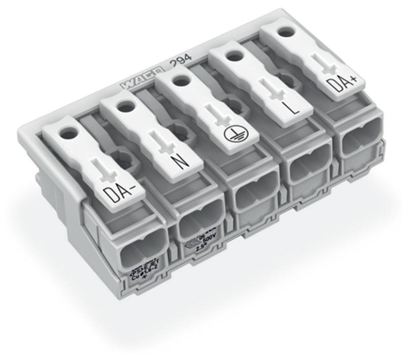 Ein weißer fünfpoliger elektrischer Anschlussblock, beschriftet mit 'OA-', 'N', 'Masse', 'L' und 'OA+'.