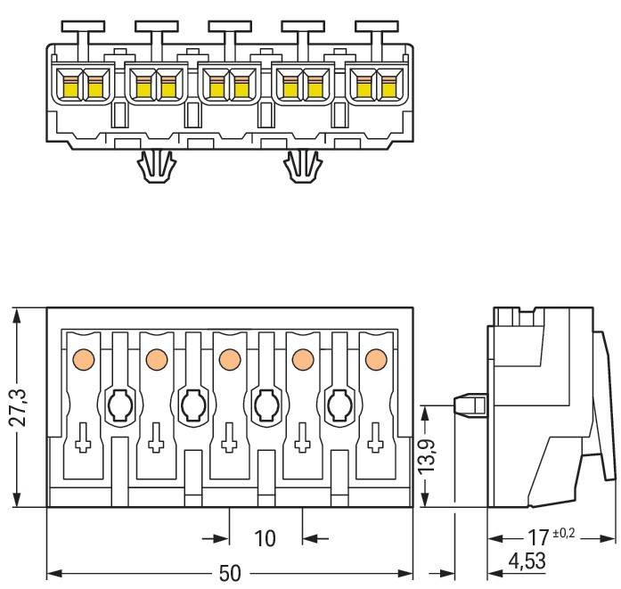 Technische Zeichnung eines Sechsfach-Klemmenblockes mit Front- und Seitenansicht und Dimensionen: Höhe 27,5 mm, Breite 50 mm, Tiefe 13,9 mm.