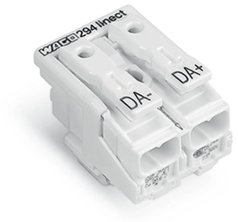 Ein weißer, zweipoliger elektrischer Anschlussblock mit Beschriftung 'DA-' und 'DA+' oben und 'WAGO 294 Linect' Branding an der Seite.