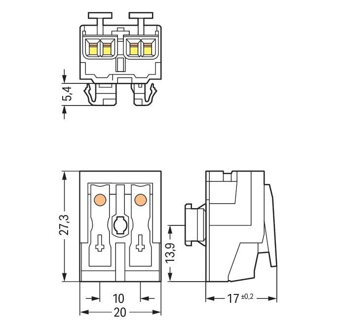 Technische Zeichnung eines elektronischen Anschlusses mit Maßen: Frontansicht Breite 10 mm, Höhe 20 mm; Seitenansicht Tiefe 17 mm, Höhe 27,3 mm.