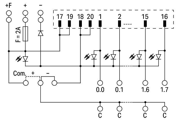 Elektrisches Schaltschema mit Verbindungen und Komponenten, einschließlich Widerständen, Dioden und nummerierten Anschlüssen.