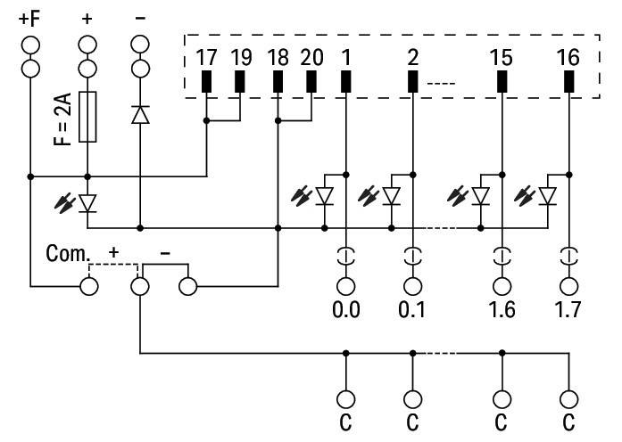 Elektrisches Schaltungsdiagramm mit Verbindungen zwischen Komponenten wie Widerständen, Dioden, Schaltern und Messpunkten, die mit 0.0, 0.1, 1.6 gekennzeichnet sind.