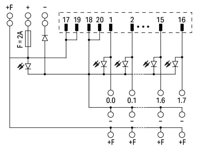 Schematische Darstellung eines elektrischen Schaltkreises mit Widerständen, Dioden und beschrifteten Knoten 17, 19, 18, 20, 1, 2, 15, 16.