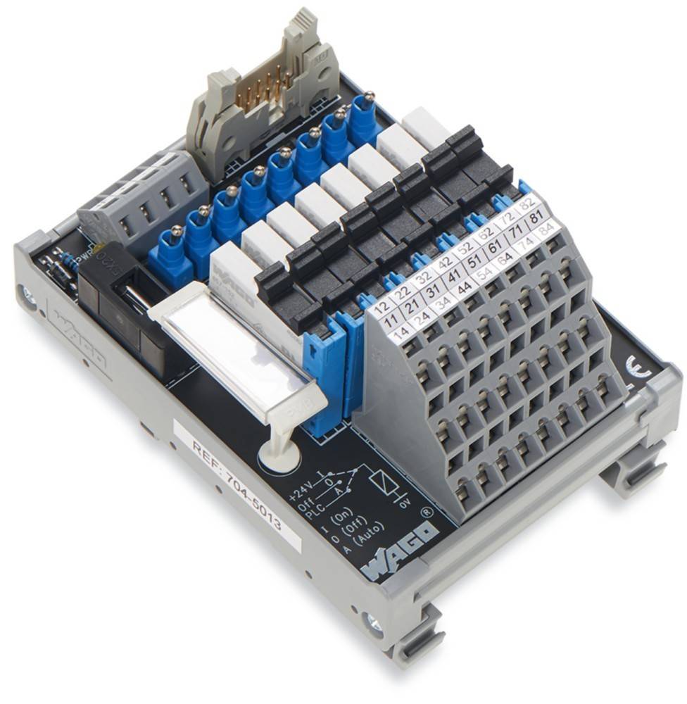 Ein WAGO-Elektronikmodul mit DIN-Schienenmontage, mehreren blauen und schwarzen Anschlüssen, beschrifteten Anschlussklemmen und kompaktem Design.