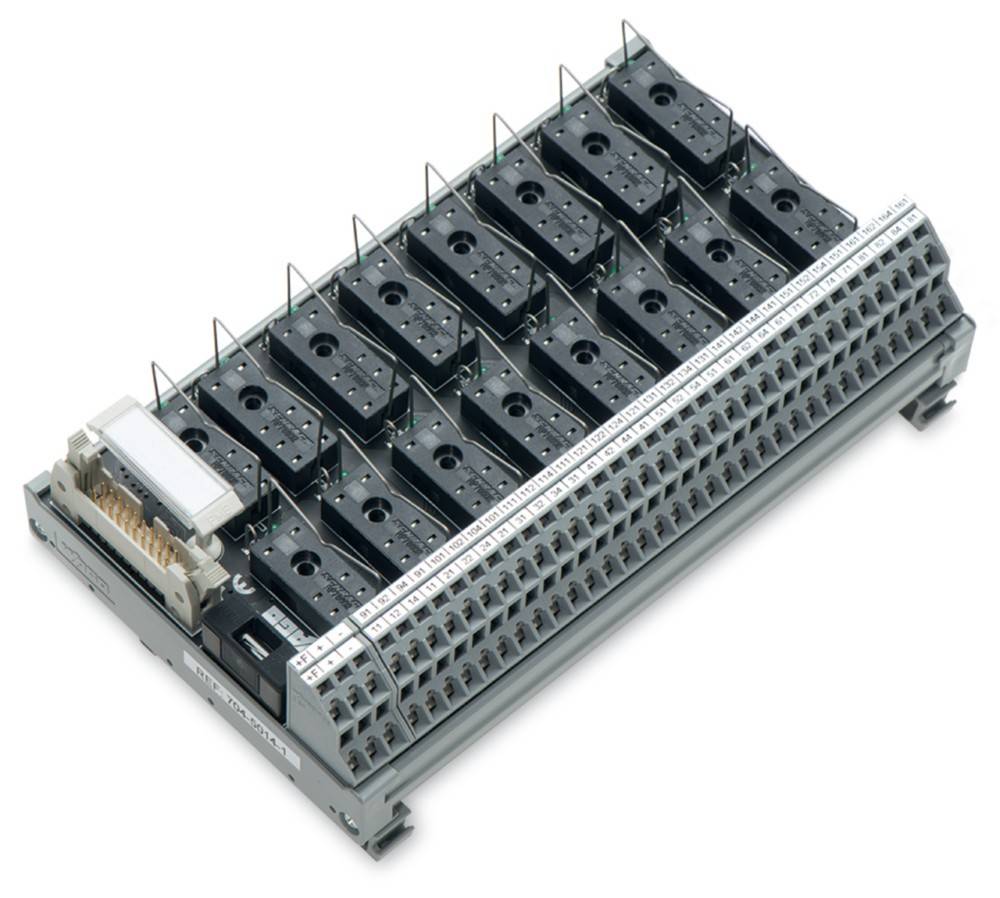 Ein kompaktes elektronisches Relaismodul mit mehreren Anschlüssen und nummerierten Klemmen, das zur Organisation und Verbindung elektrischer Schaltkreise verwendet wird.