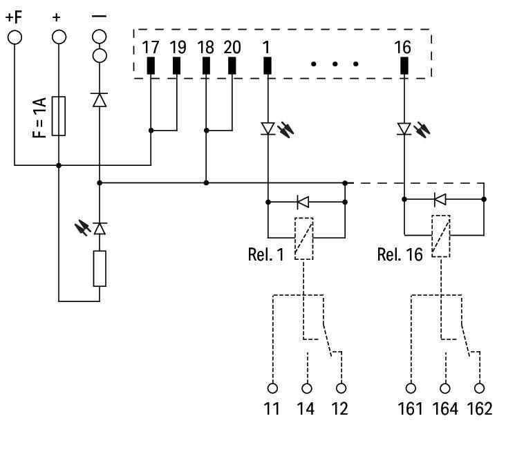 Technische Schaltskizze einer elektrischen Schaltung mit Anschlüssen, gekennzeichnet als Rel. 1 und Rel. 16, mit Schaltern und nummerierten Anschlüssen 17 bis 20.