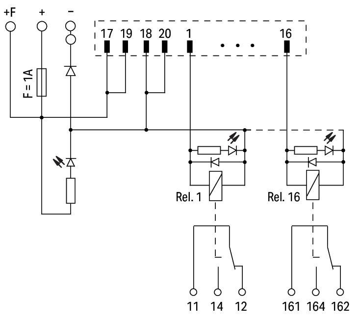 Elektrische Schaltkreisdiagramm, das die Relaisverbindung und Konfigurationen mit den Relais 1 und 16 sowie den Anschlüssen 11, 12, 14, 161, 164 zeigt.