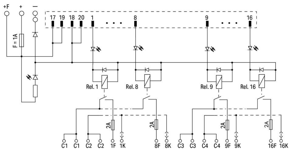 Elektrisches Schaltdiagramm mit Relais 1, 8 und 9, die mit Kondensatoren C1, C2, C3, C4 und Sicherungen 1F, 8F verbunden sind.