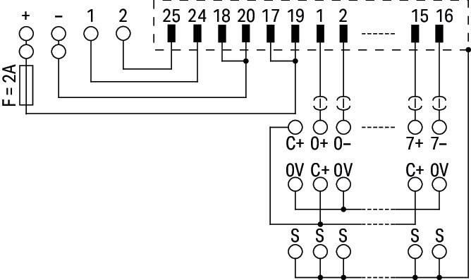 Schaltplan, der die Verbindungen zwischen nummerierten Pins und gekennzeichneten Anschlüssen zeigt: 'O+' und 'O-' mit 'S' unterhalb von jedem.