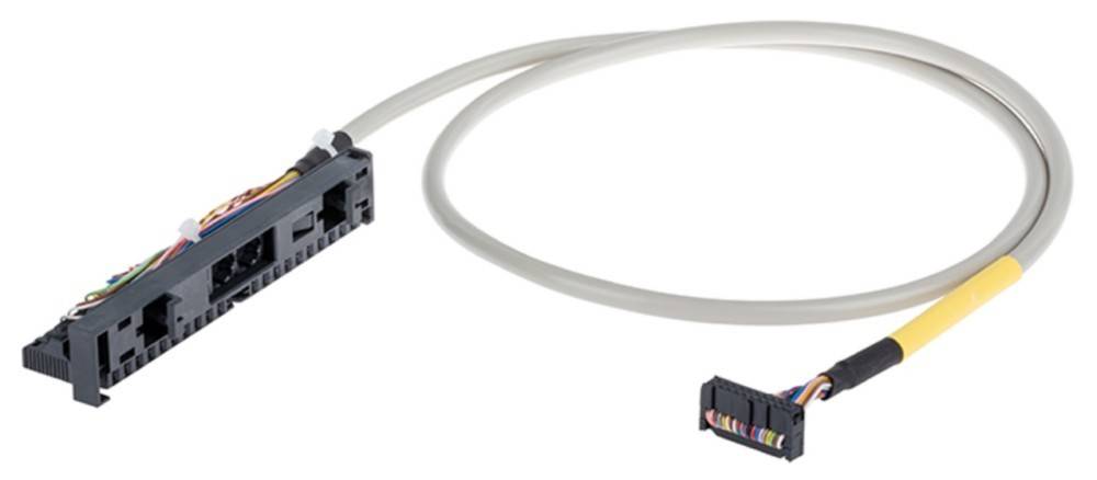 Ein beiges Ethernet-Kabel mit einem modularen Stecker an einem Ende und einem farbcodierten Drahtblock am anderen Ende, verwendet für Netzwerkverbindungen.