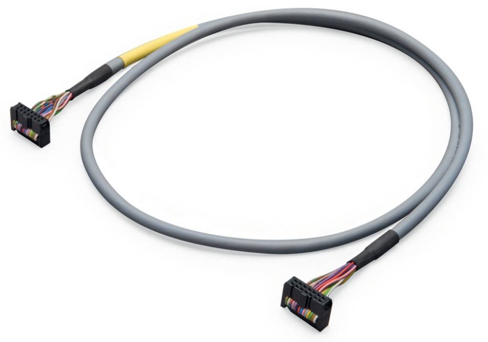 Ein graues Kabel mit einem schwarzen mehrfarbigen Stecker an einem Ende, zu einer Schleife gewickelt, das typischerweise für elektronische oder Datenverbindungen verwendet wird.
