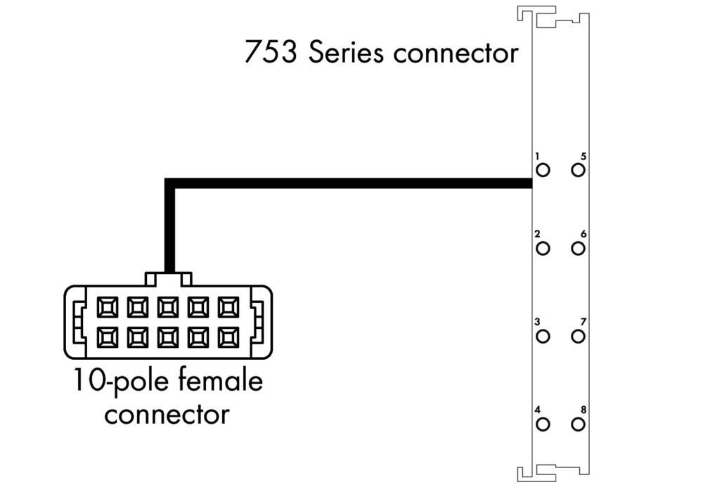 753-Serie Verbinder; 8-polige Buchse mit Diagramm, das die Pin-Positionen von 1 bis 8 auf zwei Seiten zeigt.