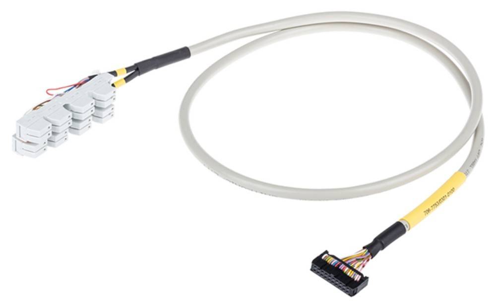 Ein weißes, rundes Kabel mit Anschlüssen an beiden Enden. Ein Anschluss hat ein weißes Kunststoffgehäuse; der andere hat farbige Kabel, die sichtbar sind.