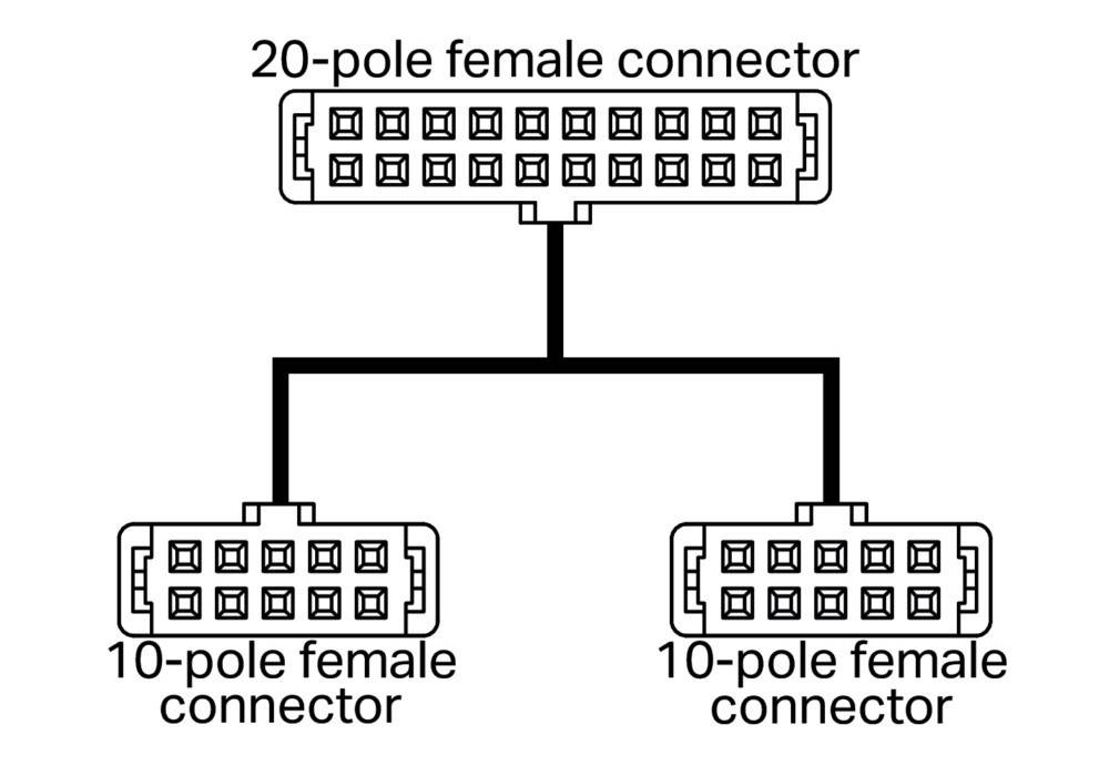 Diagramm der Anschlüsse: Ein 20-poliger Buchsenanschluss teilt sich in zwei 10-polige Buchsenanschlüsse, die oben und unten beschriftet sind.