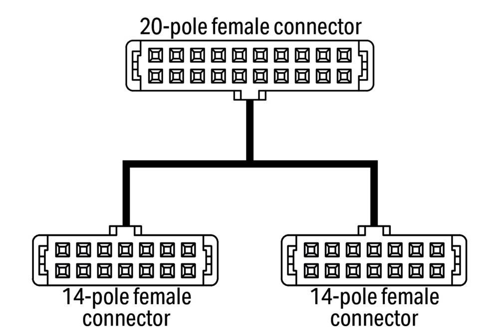 Diagramm, das einen 20-poligen Buchsenanschluss zeigt, der sich in einen 12-poligen und einen 14-poligen Buchsenanschluss verzweigt, verbunden durch Linien.