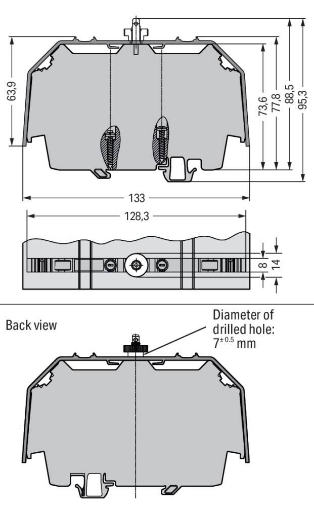 Technische Zeichnung Vorder- und Rückseite einer Komponente mit Abmessungen von 128,3 mm und 133 mm. Enthält ein gebohrtes Loch mit 7 ±0,5 mm Durchmesser.