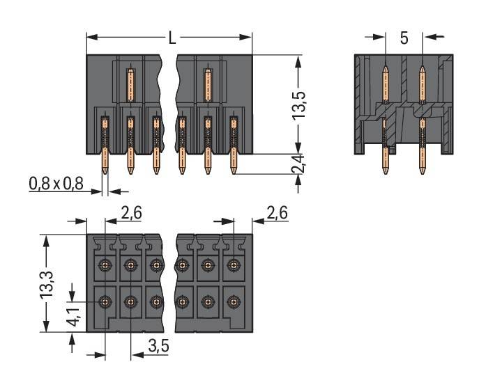 Technische Zeichnung von elektrischen Anschlüssen mit Abmessungen: 2,6 mm Abstand, 24 mm Höhe, 13,5 mm Breite oben, 3,5 mm Basisbreite.