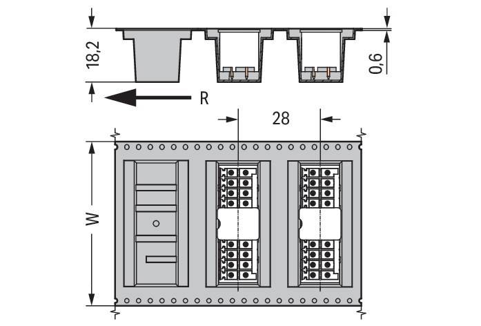 Querschnittsdiagramm einer elektrischen Komponente mit Messungen: Höhe 18,2, Breite 28, Tiefe mit Basis 0,6; interne Details sichtbar.