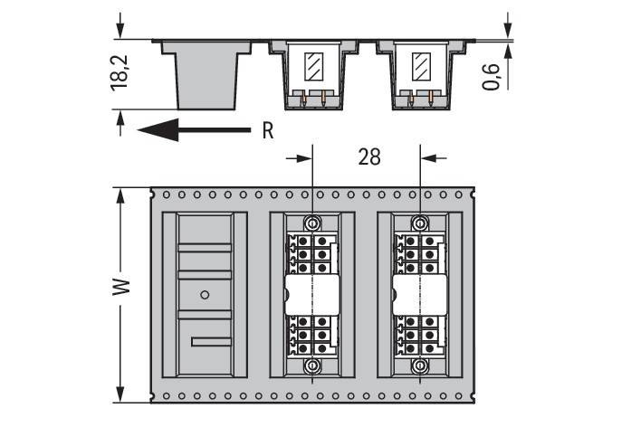 Diagramm, das die Abmessungen und Anordnung einer elektrischen Komponente mit drei Steckplätzen mit Maßangaben in Millimetern zeigt.