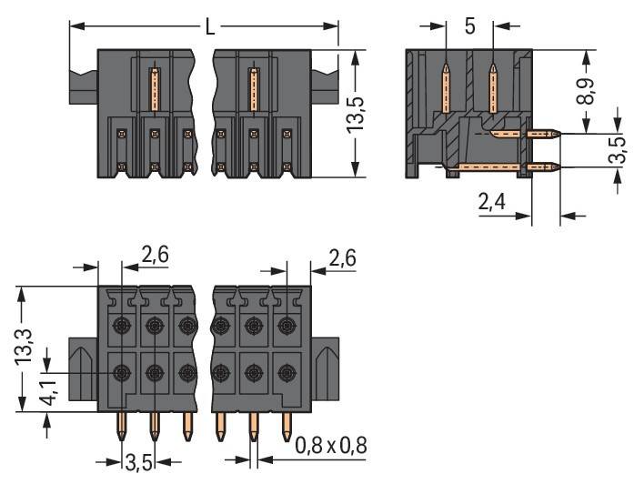 Technische Zeichnung zeigt Abmessungen eines Anschlusses mit Kontaktstiften. Beinhaltet Maßangaben wie 13,5 mm Höhe, 2,6 mm Abstand, 0,8 x 0,8 mm Stifte.