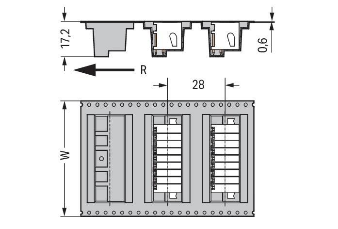 Diagramm eines Anschlussaufbaus mit Abmessungen: 17,2 Höhe, 0,6 Dicke, 28 Breite und Richtungspfeil mit Markierung R.