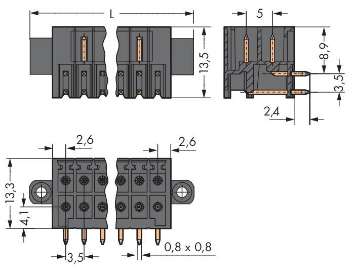 Diagramm eines Anschlusses mit Maßen: 13,5 für Höhe, 2,6 für Pinabstand, 0,8 x 0,8 für Pingröße und zusätzliche Seitenansichten mit Messungen.