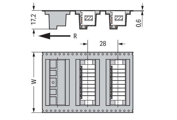 Diagramm, das die Abmessungen einer elektrischen Komponente mit mehreren Schlitzen zeigt. Beschriftungen geben die Höhe mit 17,2, die Breite mit W und den Schlitzabstand mit 28 an.