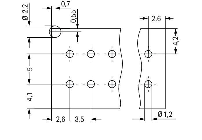 Eine technische Zeichnung, die zwei Metallteile mit präzisen Lochabständen und Maßangaben zeigt, einschließlich Dimensionen wie '2,6' und '0,55'.