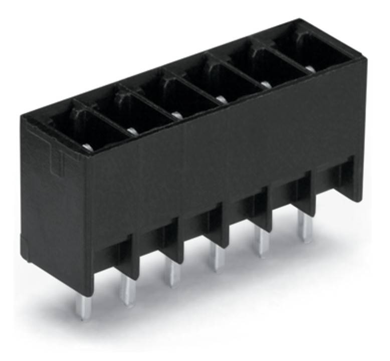 Ein schwarzer sechsslitziger rechteckiger elektronischer Anschluss mit Metallstiften, die von der Unterseite herausragen.
