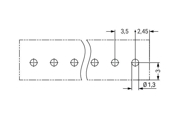 Technische Zeichnung eines Metallstreifens mit einer gewellten Sektion, an der gleichmäßig verteilte Löcher zu sehen sind. Die Dimensionen 3,5 und 2,4 sind mit Pfeilen markiert.
