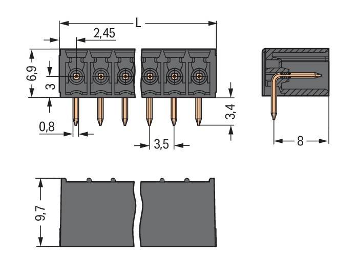 Diagramm eines elektronischen Anschlusses mit Seiten- und Draufsicht. Angegebene Abmessungen: 2,45 mm und 3,5 mm zwischen den Pins, 8 mm Länge.