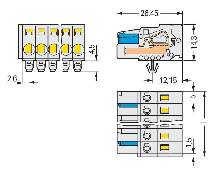 Diagramm eines elektrischen Anschlussklemmenblocks. Zeigt Abmessungen in Millimetern: 26,45 Breite, 12,15 Höhe, 4,5 Höhe für Anschlusspunkt.