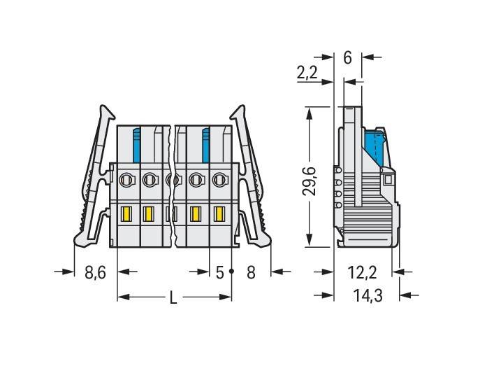 Eine technische Zeichnung eines Klemmenblocks mit Abmessungen, einschließlich Längen von 8,6, 5, 2,2 und 6 mm. Die Höhe beträgt 29,6 mm, die Breite 12,2-14,3 mm.