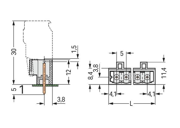 Technische Zeichnung eines LED-Streifenprofils mit Seiten- und Draufsicht. Abmessungen und Abstände sind beschriftet und zeigen Installationsdetails.