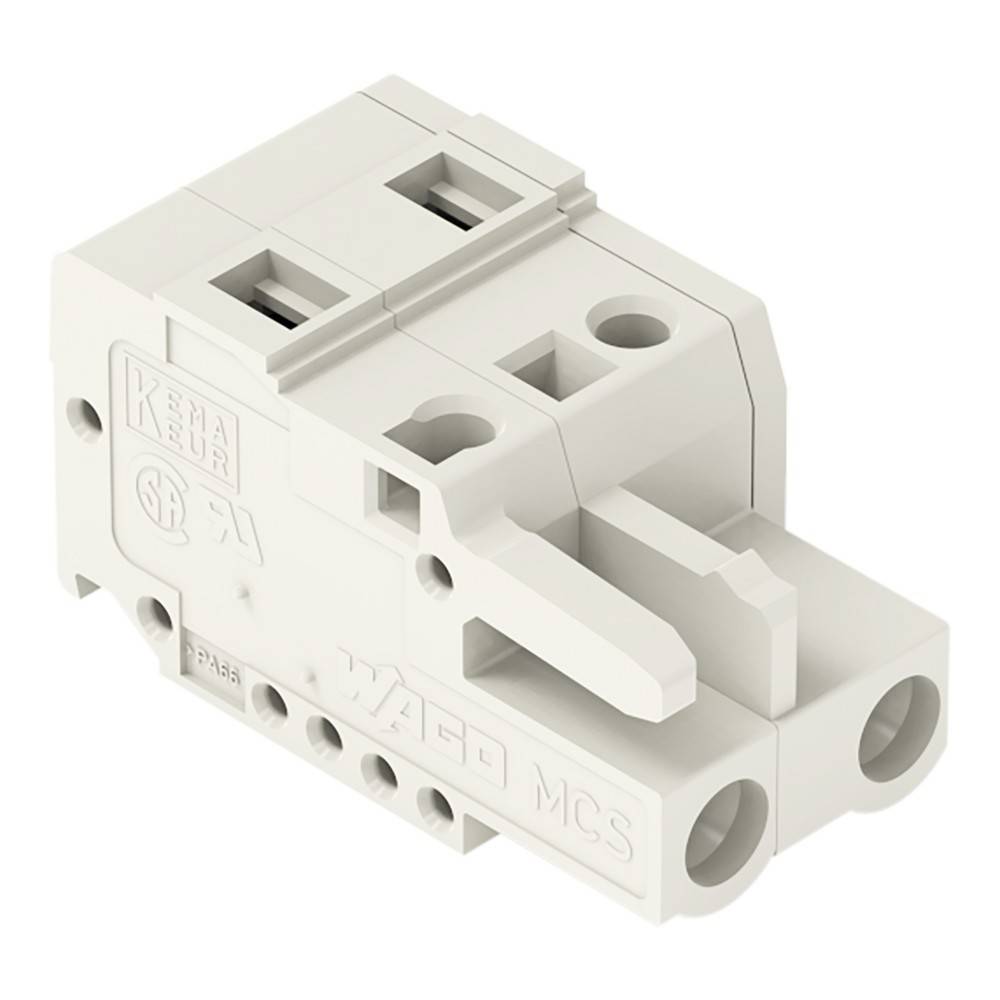 Eine weiße elektrische Komponente mit zwei Öffnungen und Anschlüssen, beschriftet mit Text und Symbolen, die Spezifikationen und Zertifizierungen angeben.