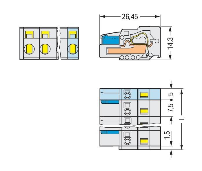 Diagramm, das die Abmessungen und interne Struktur eines dreipoligen elektrischen Anschlussblocks zeigt. Die Abmessungen betragen 26,45 mm x 14,3 mm.