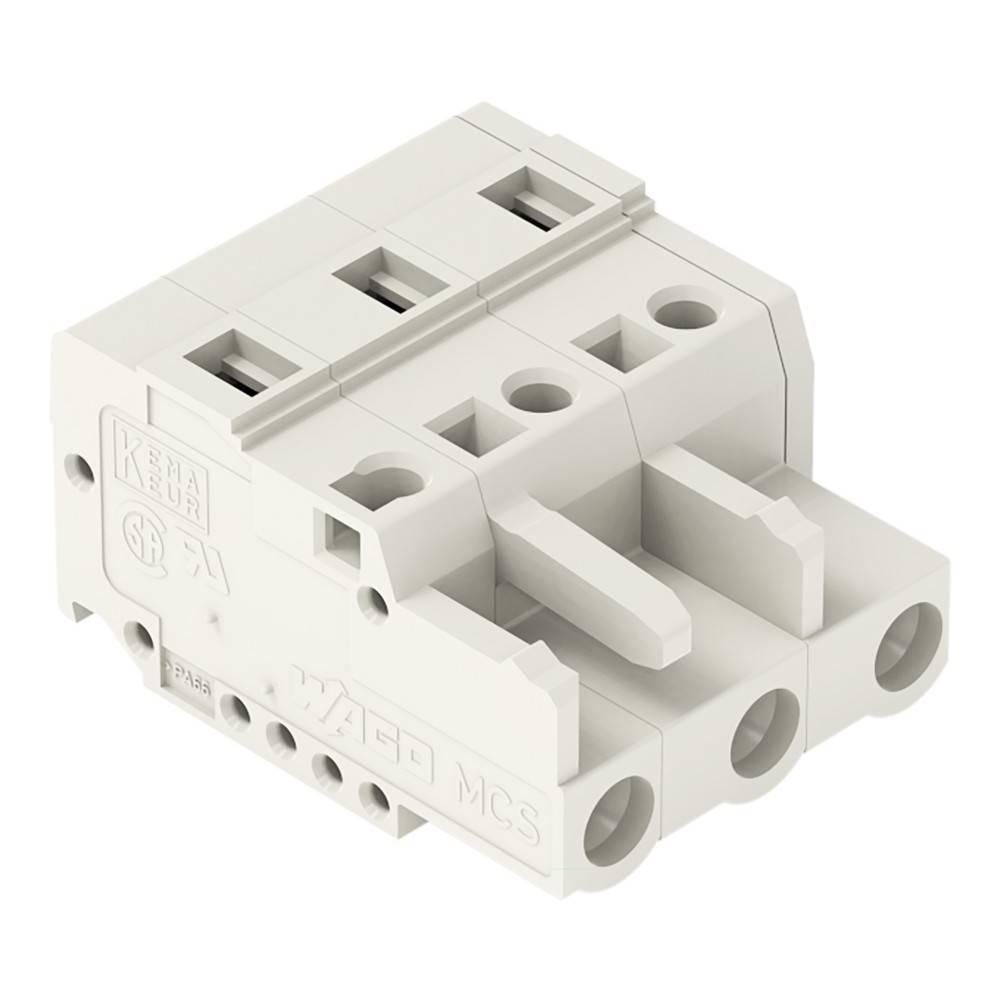 Ein weißer elektrischer Verbinder mit drei Schlitzen und mehreren seitlich angebrachten Markierungen, der zum Sichern von Kabeln in elektrischen Installationen verwendet wird.