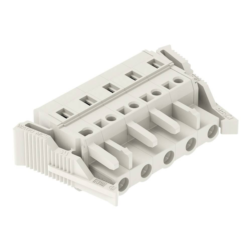 Ein weißer, mehrpoliger elektrischer Terminalblockanschluss mit Schlitzen und Schraubenlöchern, der für sichere elektrische Verbindungen verwendet wird.