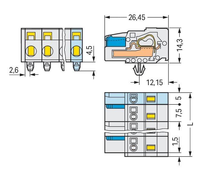 Technische Zeichnung eines Verbindungsstücks mit folgenden Maßen: 26,45 mm Länge, 14,3 mm Höhe, 4,5 mm Breite und 12,15 mm Einschubtiefe.