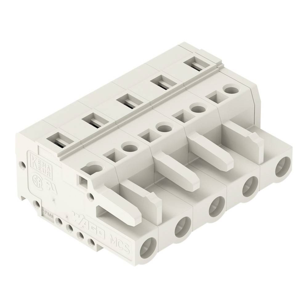 Ein weißer elektrischer Verbinder mit fünf Schlitzen und entsprechenden Anschlusspunkten für Kabel, der wahrscheinlich in elektronischen oder elektrischen Baugruppen verwendet wird.
