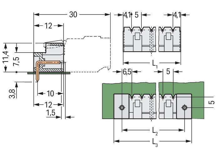 Technische Zeichnung zur Darstellung der Abmessungen und Anordnung einer mechanischen Komponentenbaugruppe mit detaillierten Maßangaben zur Referenz.