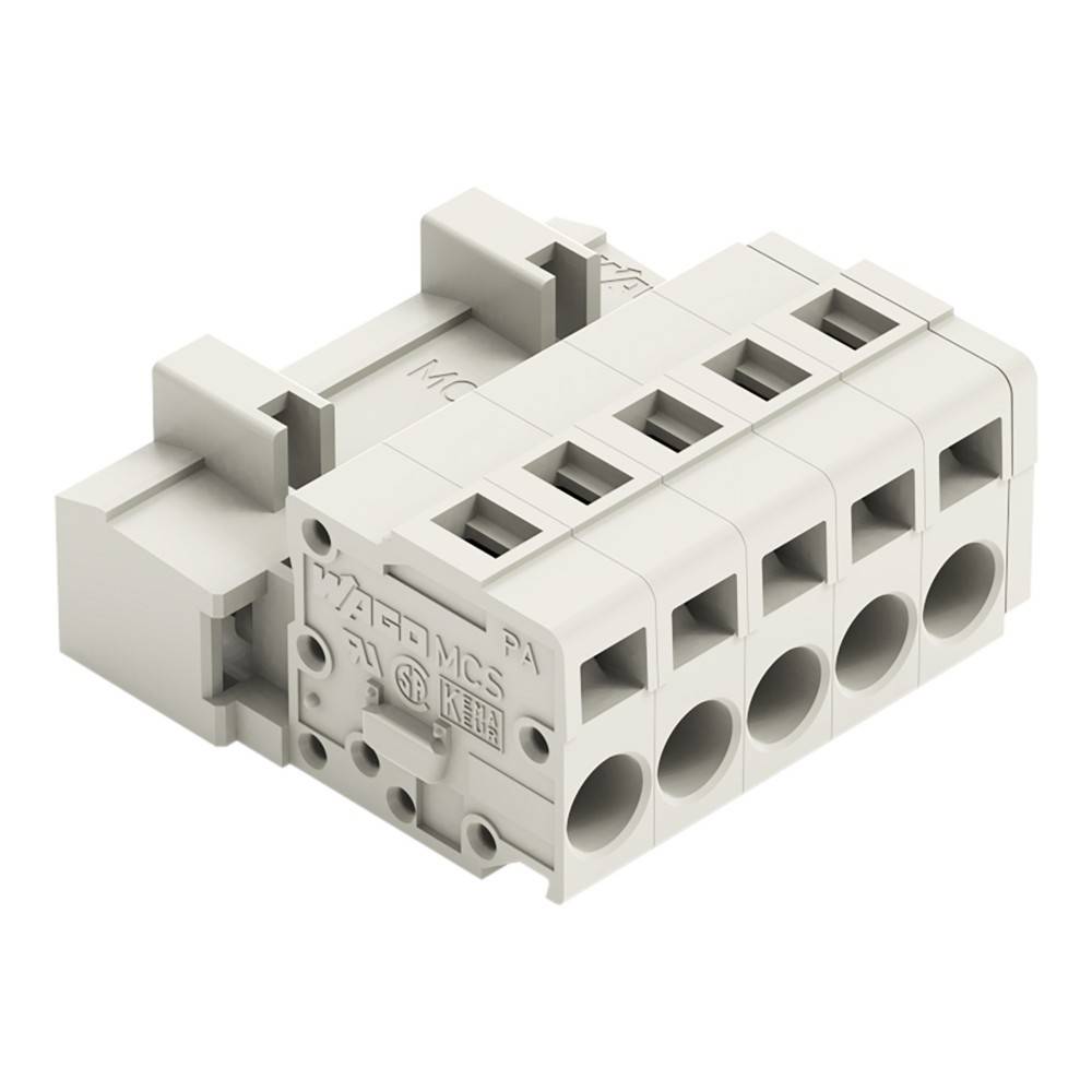 Ein fünfpositioniger modularer Anschlussblock mit quadratischen und runden Schlitzen, wahrscheinlich zur Befestigung und Organisation von elektrischen Kabeln.